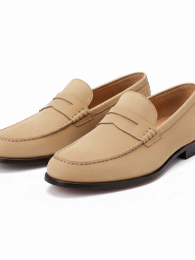 Beige leather penny loafers
